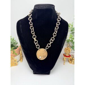 Vintage Brass Faith Medallion Necklace Rustic Statement Chain Spiritual Jewelry